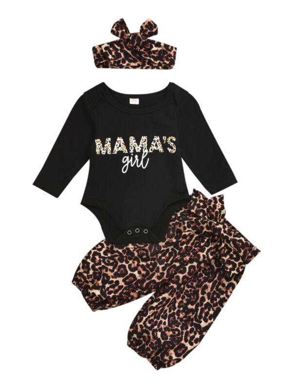 3 Pieces Baby Mama's Girl Leopard Set Bodysuit & Cropped Pants & Headband