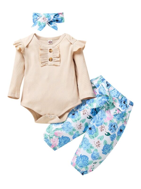 3 PCS Baby Girl Flower Set Ribbed Bodysuit & Pants & Headband
