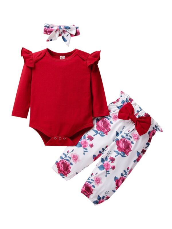 3 PCS Baby Girl Set Bodysuit & Flower Pants & Headband