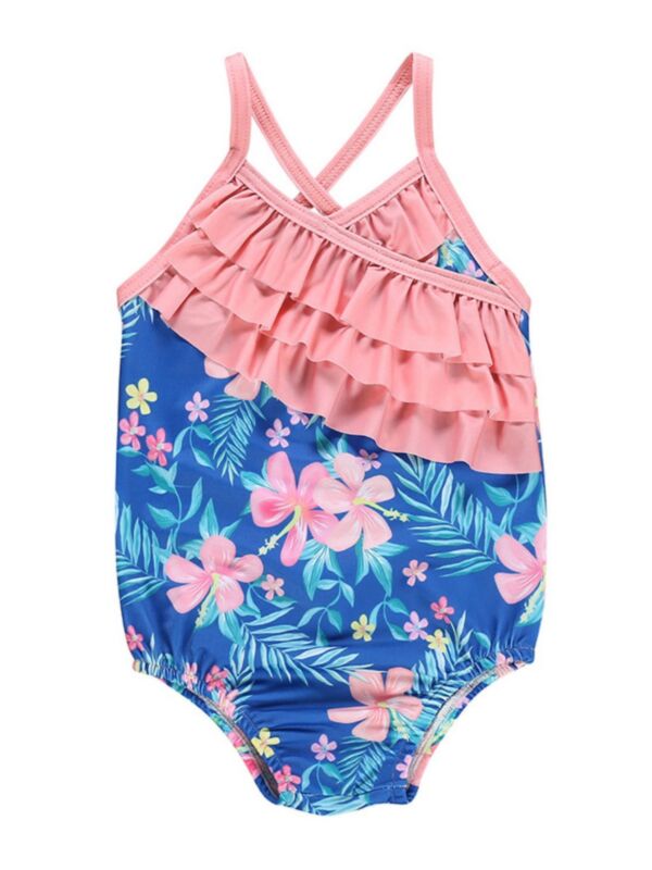 One Piece Little Girl Flower Layered Ruffle Cami Swimsuit