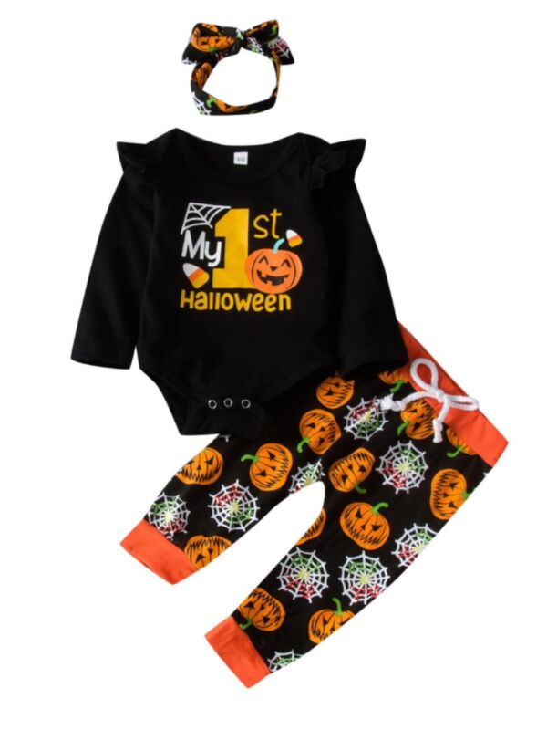 3 Pieces Baby Unisex My 1st Halloween Set Bodysuit & Pants & Headband