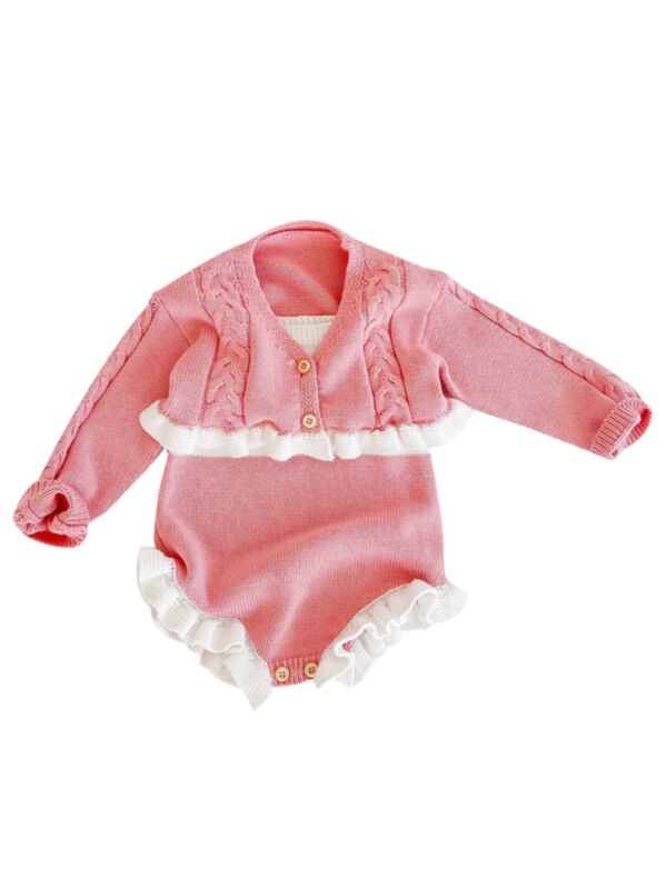 2 Pcs Baby Girl Knit Cardigan & Bodysuit Set Pink 