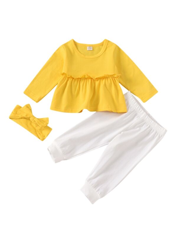 3 Pieces Baby Girl Solid Color Set Tunic Top & Pants & Headband