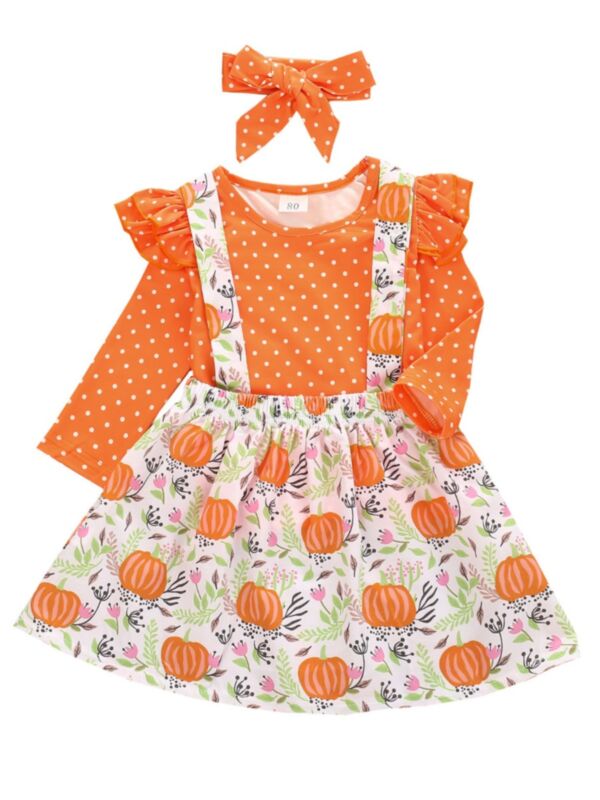 3 Piece Toddler Girl Polka Dot Halloween Set Top &  Skirt & Headband