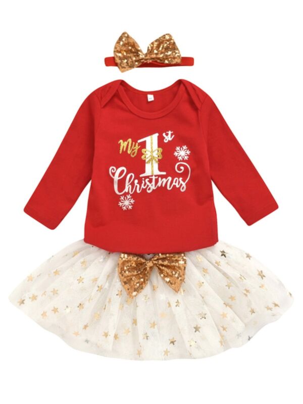 3 Pcs Baby Girl My 1st Christmas Set Bodysuit & Bowknot Mesh Skirt & Headband