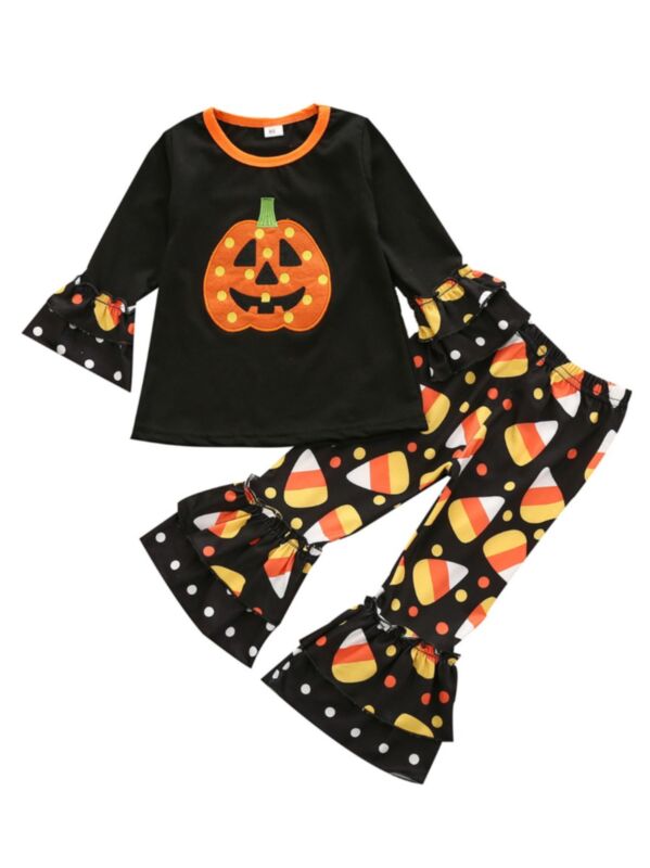 2 Pcs Kid Girl Halloween Set Pumpkin Top Matching Flared Pants