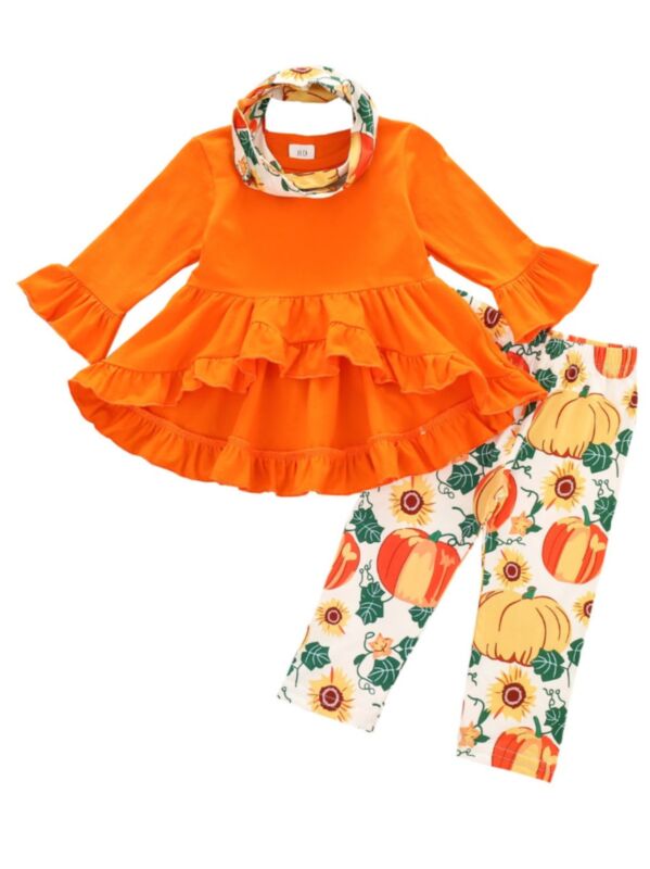 3 Pieces Toddler Girl Halloween Set Hi Lo Hem Top & Trousers & Bibs