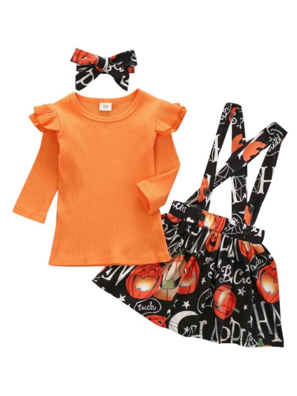 3 Pieces Toddler Girl Halloween Set Flutter Sleeve Ribbed Top & Suspender Skirt & Headband