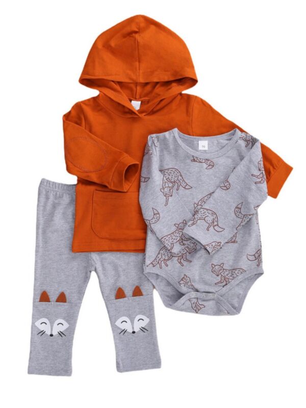 3 Pcs Baby Boy Fox Set Hoodie Top & Bodysuit & Trousers