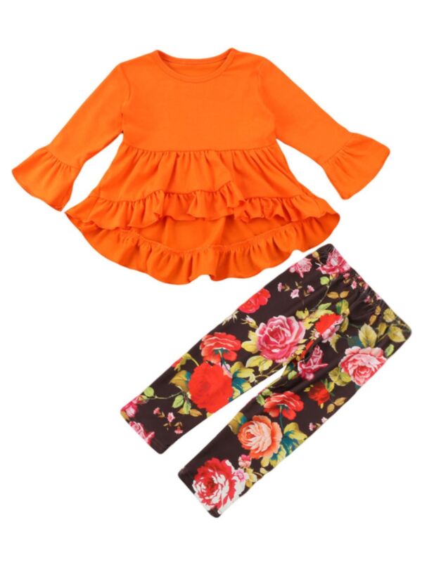 2 Piece Flower Ruffle Set Top Matching Pants