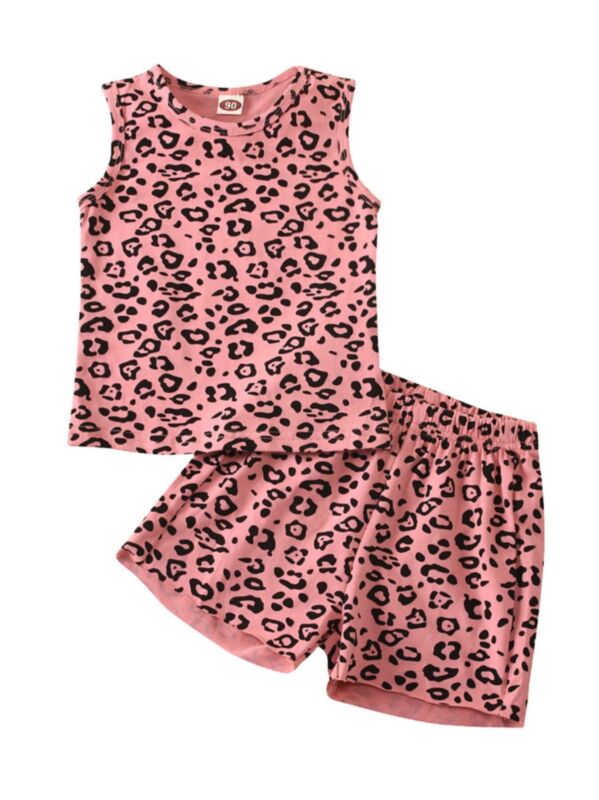 2 Pieces Kid Girl Leopard Print Set Tank Top Matching Shorts Pink