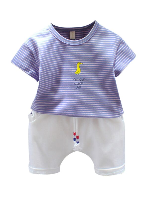 2 Pieces Little Boy Yellow Duck All Set Stripe Top Matching Shorts