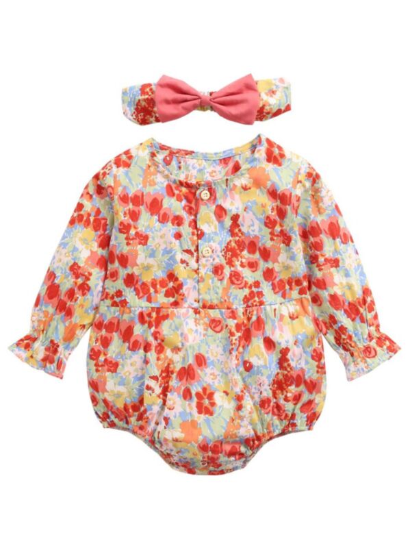 2 Pieces Toddler Girl Floral Print Bodysuit With Headband 