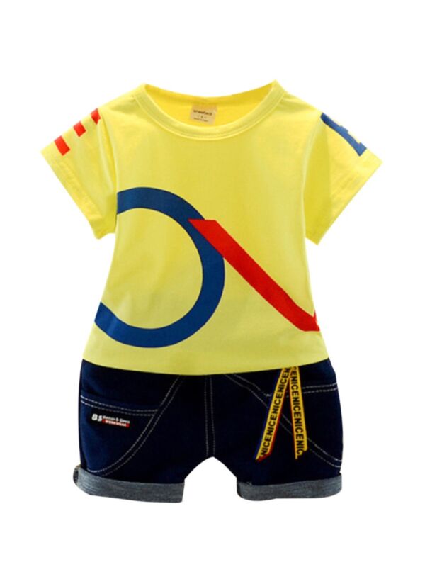 2 Pieces Kid Boy F Casual Set White Top Matching Demin Shorts