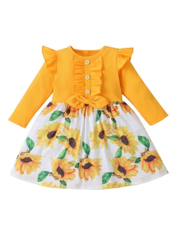 Kid Girl Ribbed Sunflower Long Sleeve Dress