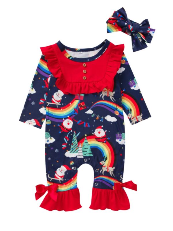2 Pieces Baby Christmas Flutter Sleeve Jumpsuit  With Headband