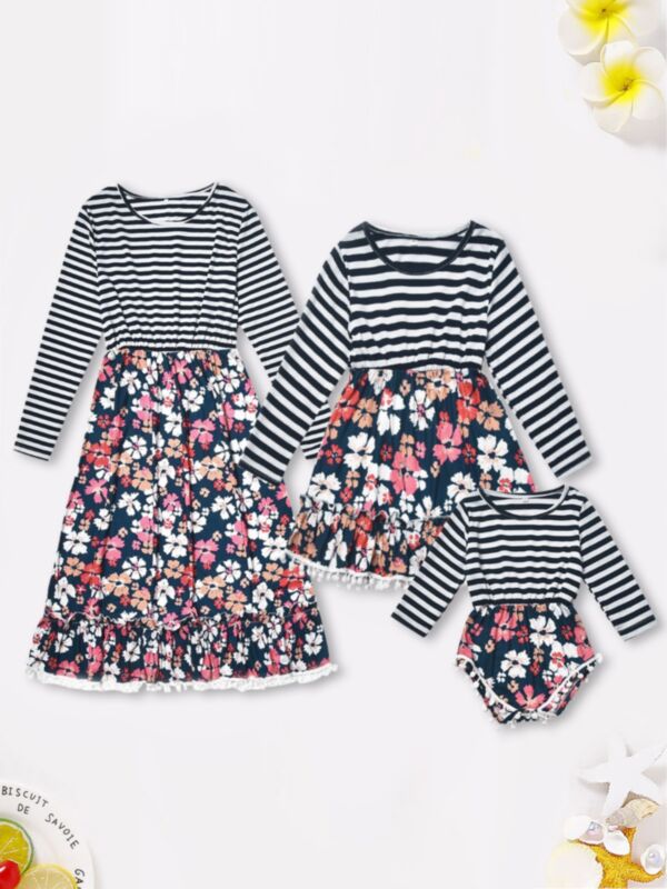 Mother And Daughter Stripe Floral Pom Pom Hem Dress