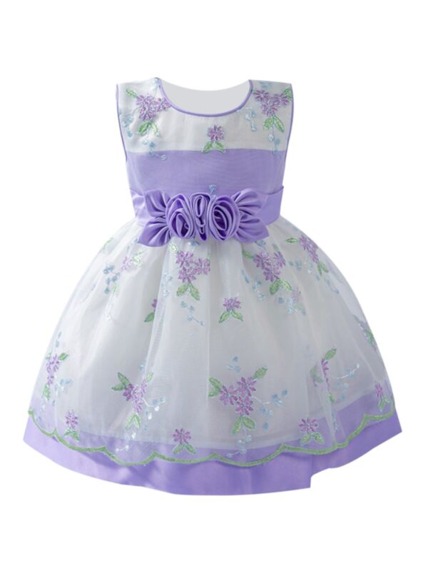 Toddler Girl Party Embroidered Flowers Mesh Sleeveless Dress