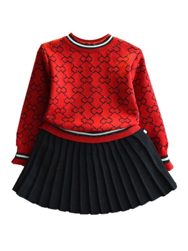 2 Pieces Kid Girl Set Swearter Matching  Pleated Skirt