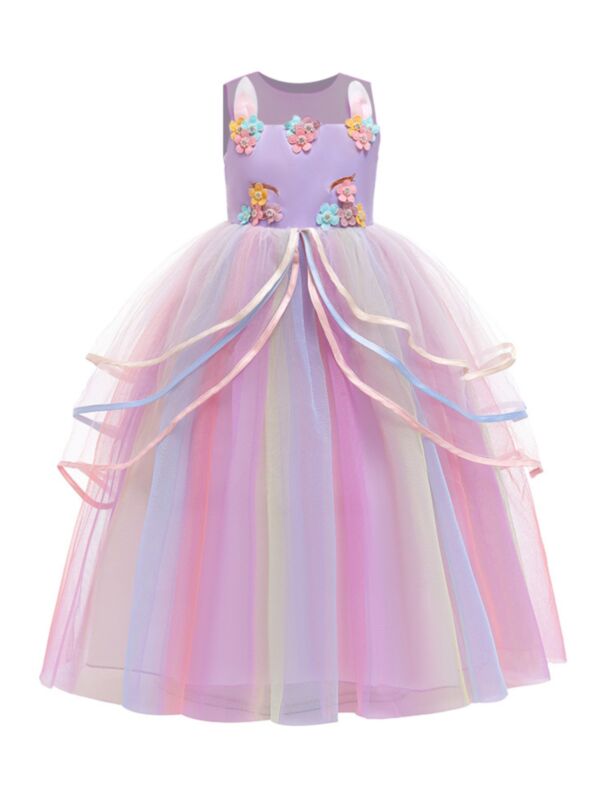 Kid Girl Rainbow Floral Birthday Party Mesh Dress