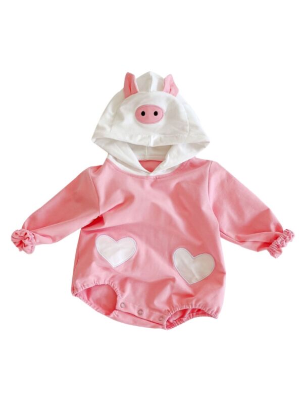 Baby Girl Love Heart Pig Hoodie Bodysuit 