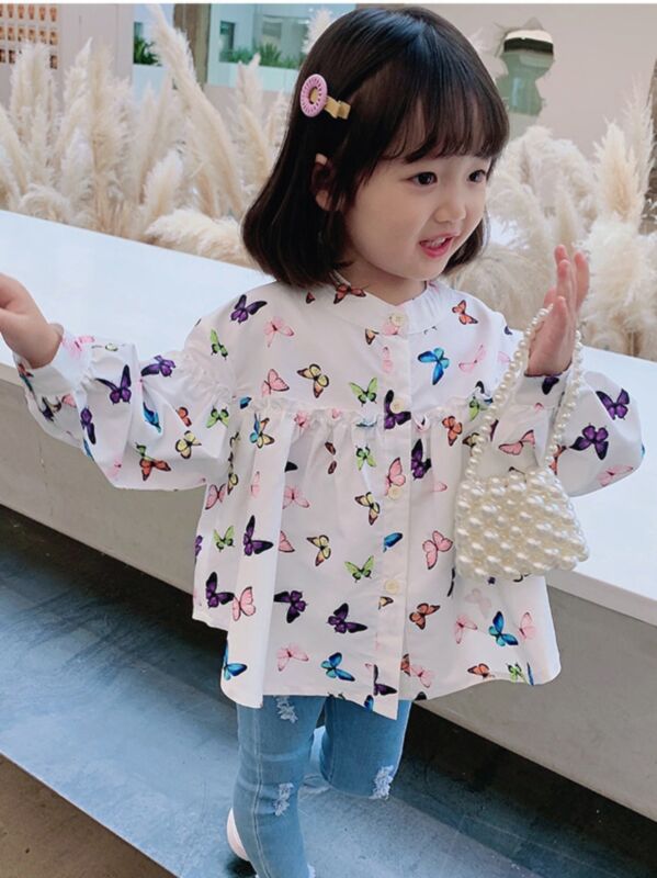 Kid Girl Butterfly Print Round Neck Blouse