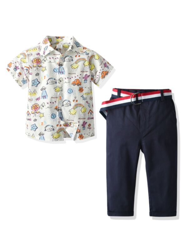 2 Pieces Kid Boy Cartoon Rainbow Print Set Shirt & Belted Pants