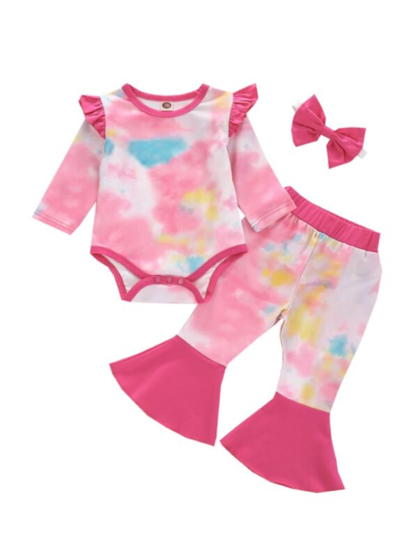 3 Pcs Baby Girl Tie Dye Pink Set Bodysuit & Bell Bottom & Headband Set 