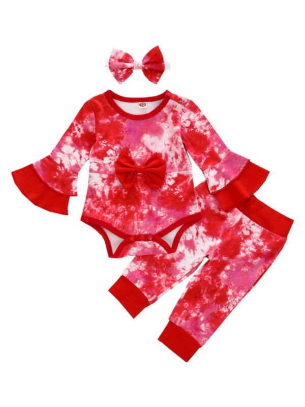 3 Pieces Baby Girl Tie Dye Set Bowknot Flared Sleeve Bodysuit & Pants & Headband