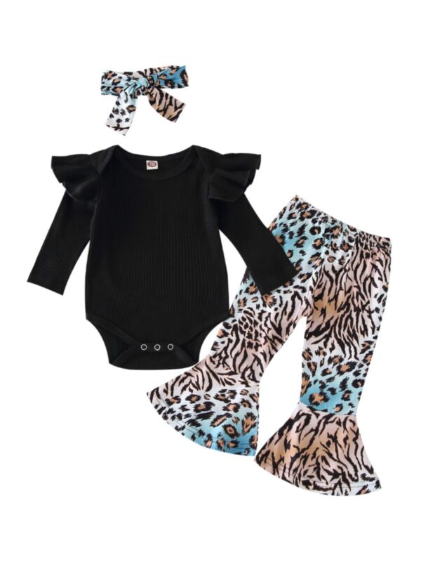 3 PCS Baby Girl Ribbed Black Bodysuit & Leopard Flared Ninth Pants & Headband