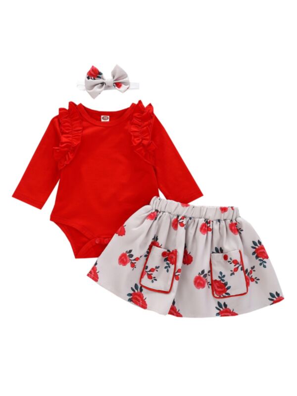3 Pieces Infant Toddler Girl Floral Red Set Ruffle Bodysuit &  Pocket Skirt & Headband
