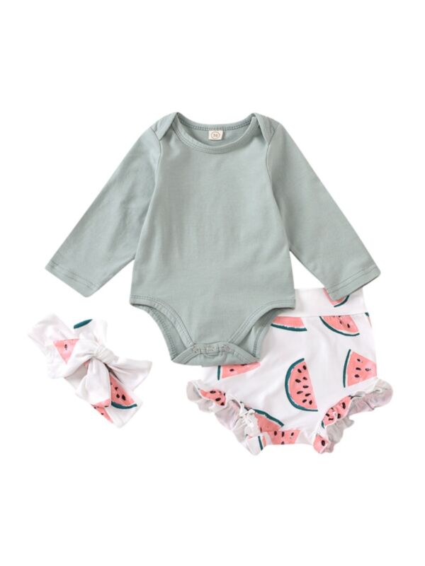 3 Piece Baby Girl Plain Long Sleeve Bodysuit & Watermelon Shorts & Headband Set