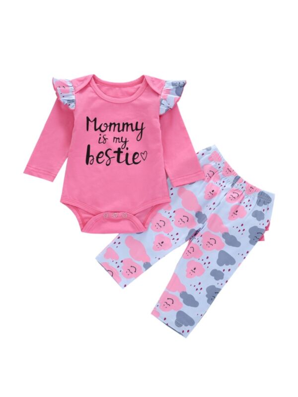 2-Piece Baby Girl Mommy is my bestie Set Flutter Sleeve Bodysuit Matching Cloud Pants