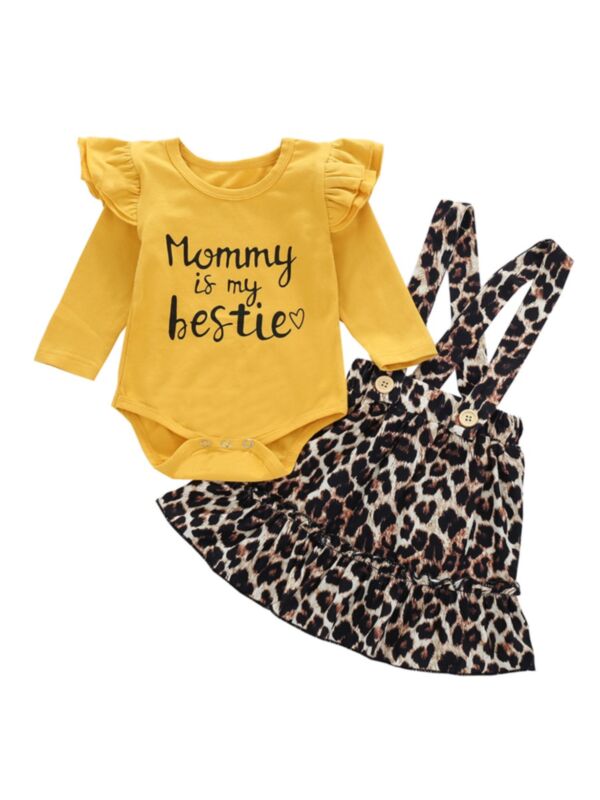 2 Pieces Baby Girl Mommy is my bestie Set Bodysuit Matching Leopard Suspender Skirt 