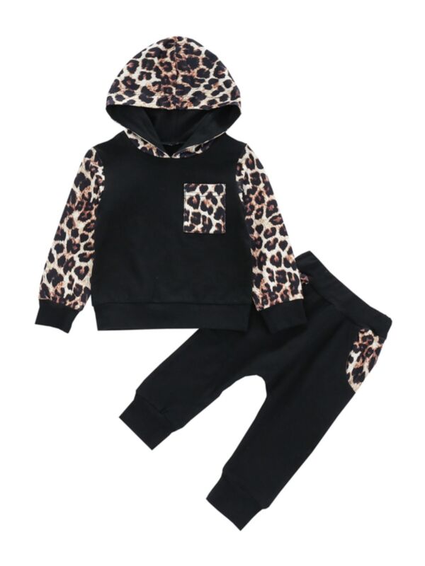 2-Piece Baby Leopard Print Set Pocket Hooded Sweatshirt Matching Pants