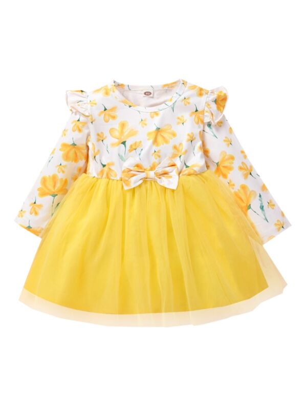 Toddler Girl Floral Bowknot Patchwork Mesh Dress