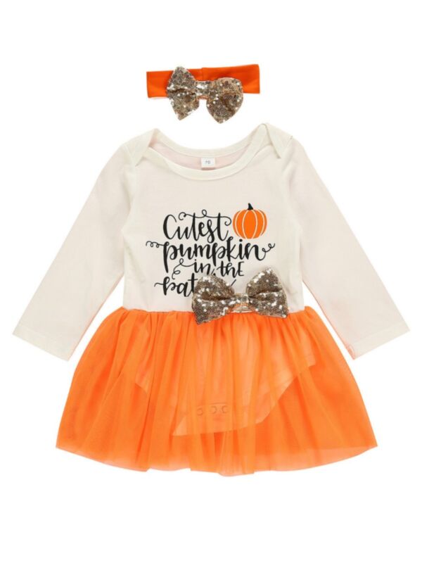 2 Pieces Baby Girl Halloween Letter Sequins Bowknot Mesh Bodysuit Dress & Headband