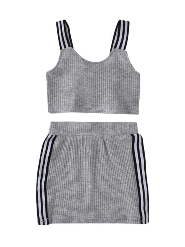 2 Pieces Kid Girl Ribbed Stripe Set Cami Top Matching Skirt
