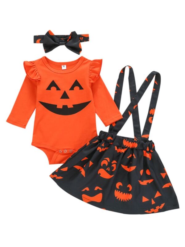 3 Pieces Baby Girl Halloween Set Smile Bodysuit & Suspender Skirt & Headband