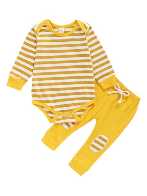 2 PCS Baby Stripe Set Bodysuit Matching Ribbed Trousers