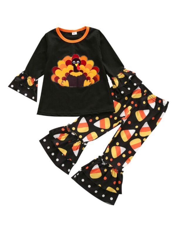 2 Pieces Kid Girl Thanksgiving Flared Set Top Matching Cropped Pants