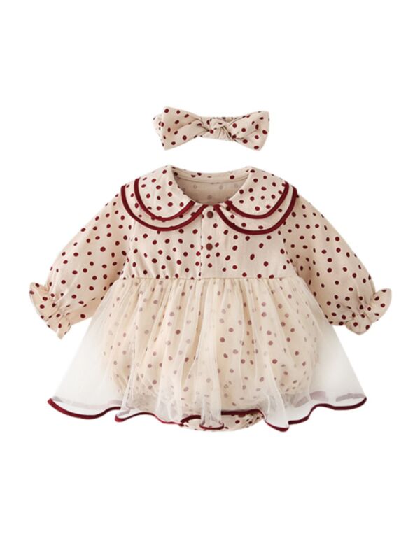 2 Pieces Baby Girl Polka Dots Mesh Dress With Headband