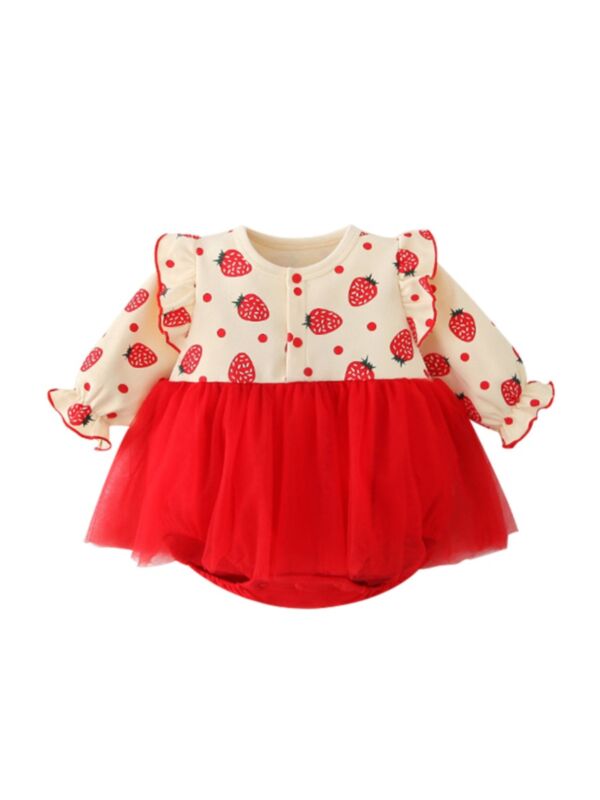 Baby Girl Strawberry Ruffle Decor Mesh Dress