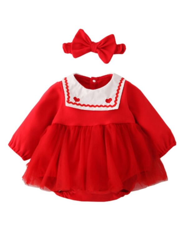 2 Pieces Baby Girl Love Heart Mesh Bodysuit Dress With Headband
