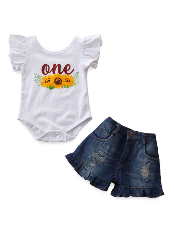 2 Pieces Baby Girl Sunflowers Set Flutter Sleeve Bodysuit Matching Ripped Denim Shorts