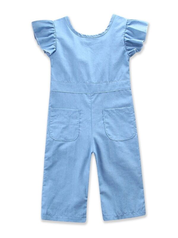 Kid Girl Flutter Sleeve Wide Leg Demin Jumpsuit