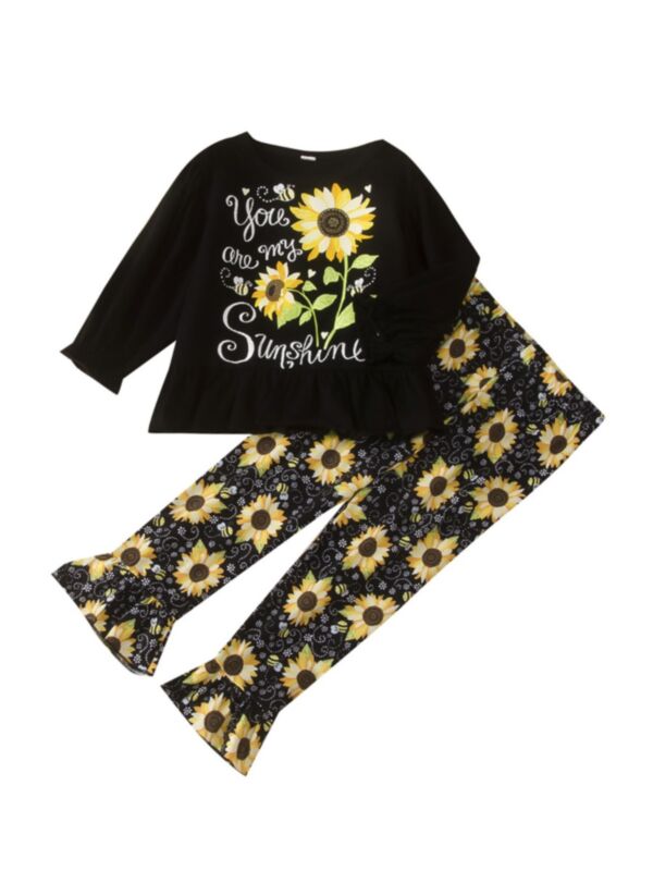 2 Pcs Kid Girl You Are My Sunshine Sunflower Set Top Matching Pants