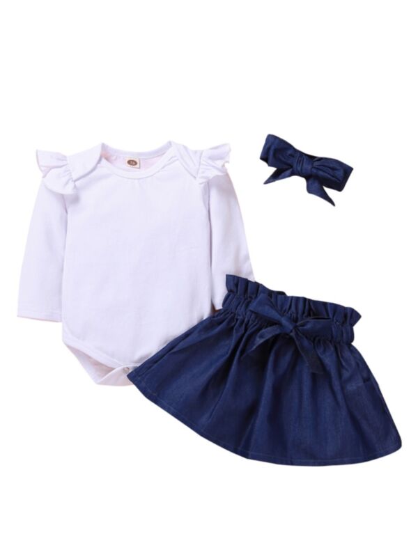 3 Pieces Infant Toddler Girl Set White Bodysuit & Bowknot Skirt & Headband