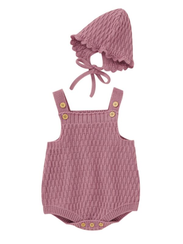 2 Pieces Baby Girl Plain Knitted Strappy Bodysuit With Hat