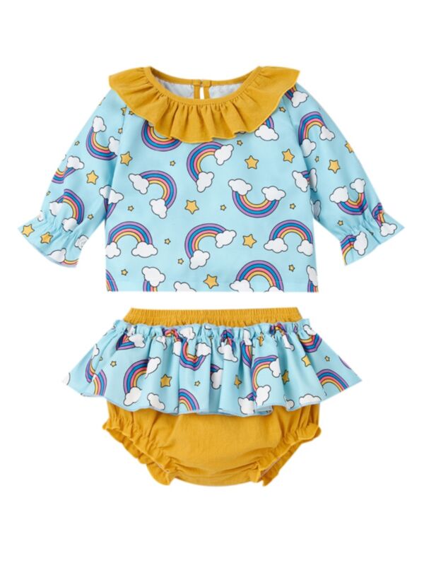 2 Pieces Baby Girl Rainbow Set Ruffle Collar Top Matching Shorts